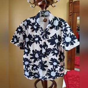 Common People Floral Button-Up Shirt Men’s XL Black & White Short Sleeve Cotton